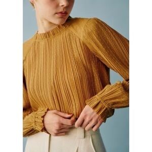 NWT Sezane Sibie Pleated Mock Neck Blouse Gold Size 38 (US 6)